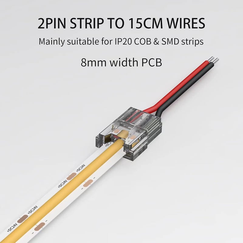 VISDOLL 20 Pack COB LED Connectors, Single-Ended Extension Cable 15CM Solderless Pin Header 2Pin 8mm Transparent PC Low Voltage Single Color Light Strip Cable, Suitable for DIY COB/SMD Light Strips - Image 2